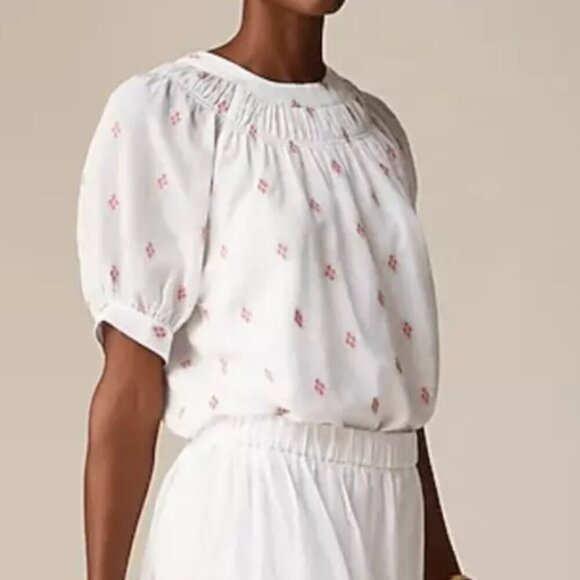 J Crew Blouse Womens Large White Dot Smock Neck Short Puff Sleeve Cotton Top - Picture 1 of 5